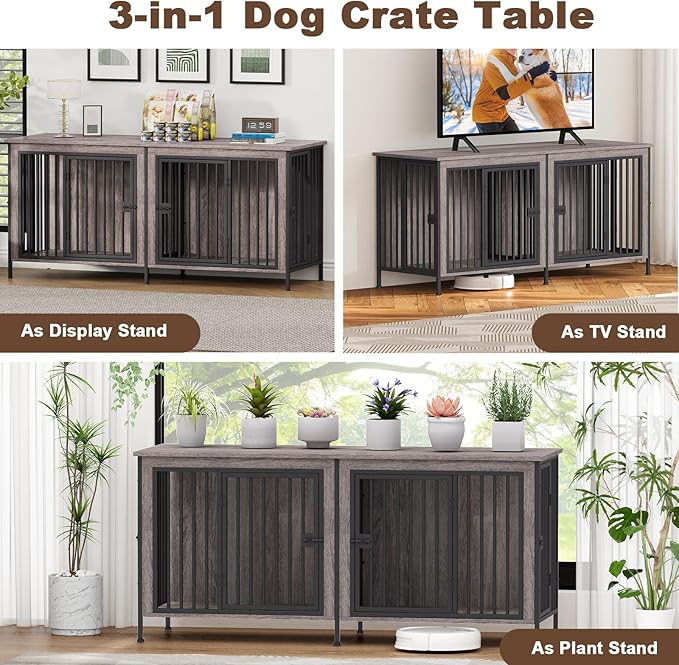 EasyCom Dog Crate Furniture for 1 or 2 Dogs, Heavy Duty Single/Double Dog Crates for Small/Medium/Large Dogs, Dog Kennel Furniture Indoor as TV Stand, Medium Size 63" L(20-35 Pounds), Oak Grey