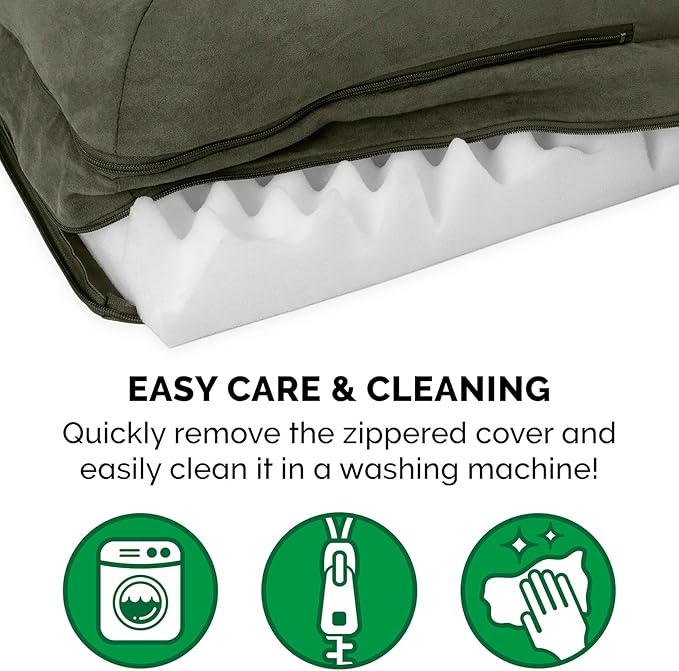 Furhaven Orthopedic Dog Bed for Large/Medium Dogs w/ Removable Bolsters & Washable Cover, For Dogs Up to 55 lbs - Two-Tone Plush Faux Fur & Suede L Shaped Chaise - Dark Sage, Large