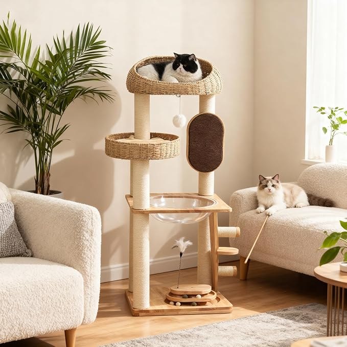 Modern Cat Tree, Cat TreeTower with Space Capsule, Hand-Woven Basket Nest, Sisal Posts & Scratching Board, 50 Inch Heavy-Duty Multi-Level Indoor Wood Tower