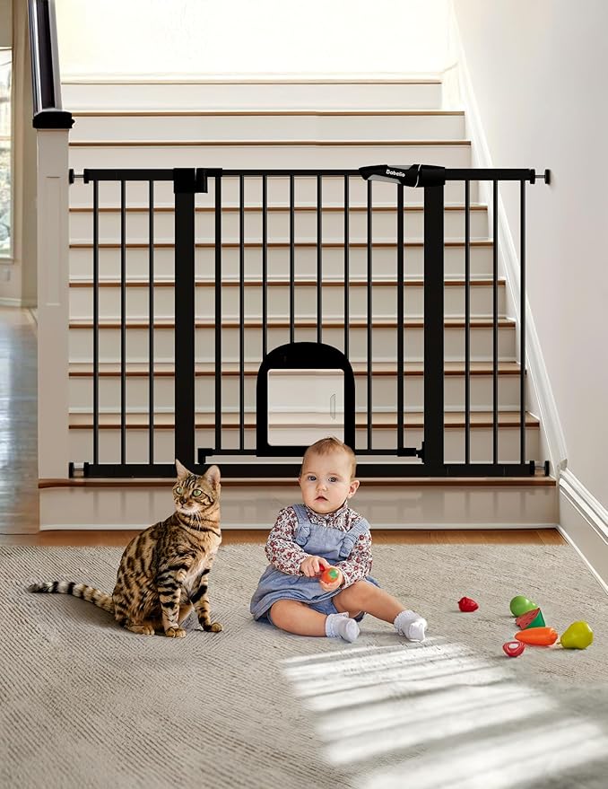 Babelio Upgraded Baby Gate with Cat Door, Auto Close Durable Dog Gate for Stairs, Doorways and House, Easy Walk Thru Safety Gate with Pet Door Includes 4 Wall Cups, 29-48" Wide, 30" Tall, Black