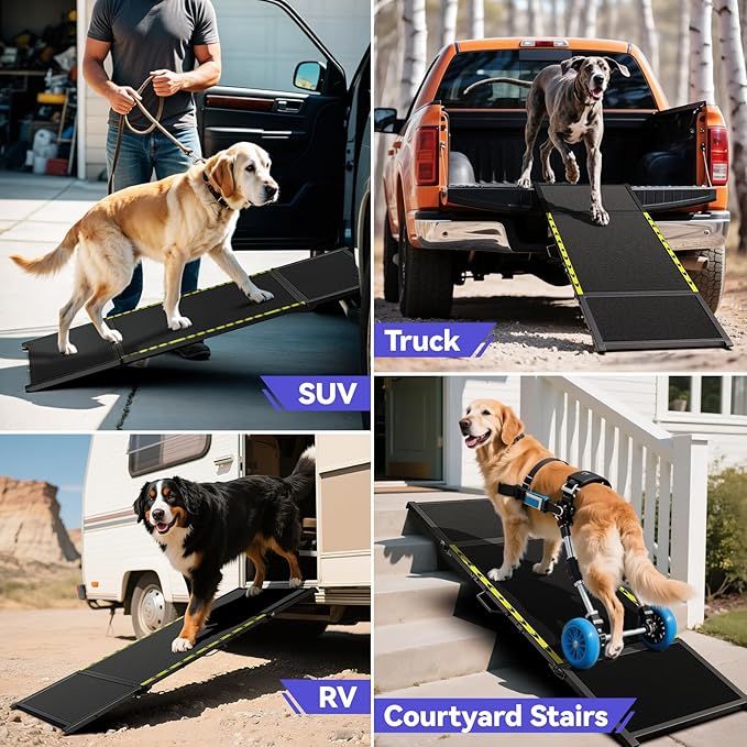 74'' L & 20'' W Longest Dog Ramp for Car - Extra Wide Portable Pet Dog Ramps for Large Dogs, Dogs Cars Ramp for Car SUV/Truck/RV/Bed, Lightweight Ramps with Non-Slip Mesh Up to 280LBS, Black