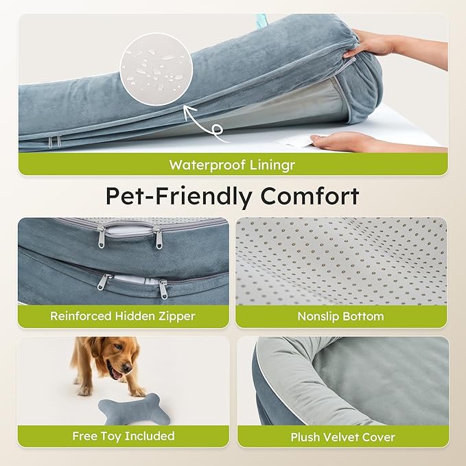 XXL Orthopedic Dog Bed, 53 in. Dog Bed for Large Sized Dogs with Full-Surround Bolsters, Dual-Sided Dog Cooling Beds with Memory Foam, Washable Pet Sofa Couch with Nonslip Bottom, Dark Grey