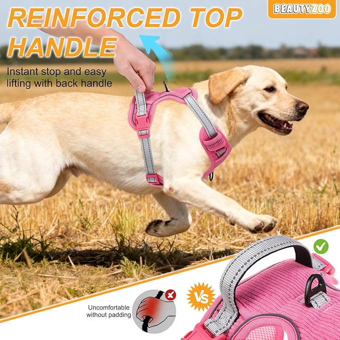 BEAUTYZOO No Pull Dog Harness Large, Adjustable Dog Harness and Leash Set -Easy Wearing with 3 Buckles/Control Handle,No Choke Soft Padded Reflective Pet Vest for Training Walking Hiking,Rose S