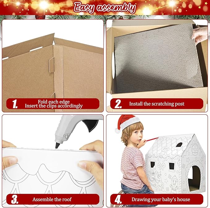 Cinrobiye Christmas Cardboard Cat House with Scratcher DIY Coloring Pet Gingerbread Board Bed Cave Playhouse Hideaway Hideout Condo Decor Animals Scratch Box for Indoor Cats Kittens Rabbits Bunny