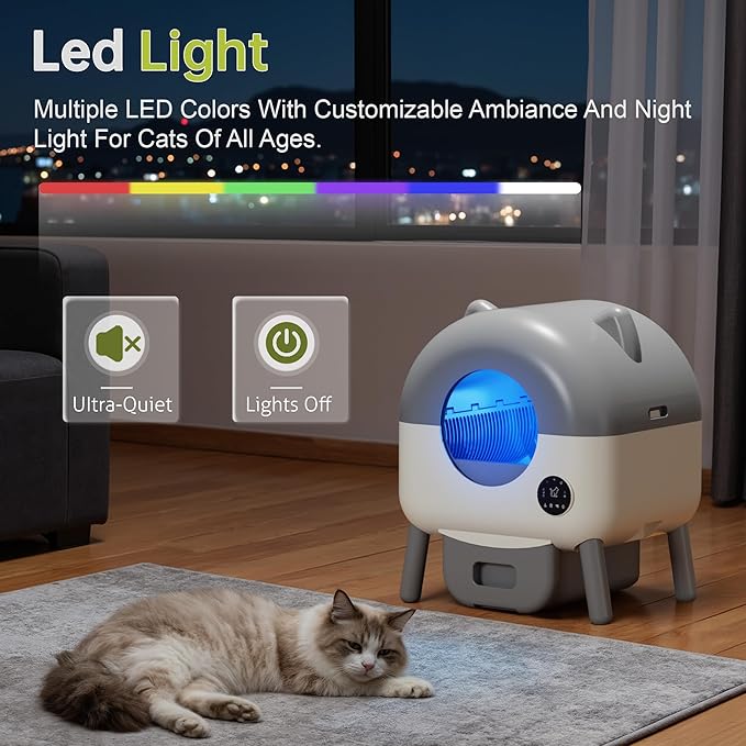 Greesum 76L Large Capacity Fully Enclosed Automatic Litter Box, Cat Ear Design with Garbage Bags Aroma Box and Brush for Multi - Cat Families (Gray)