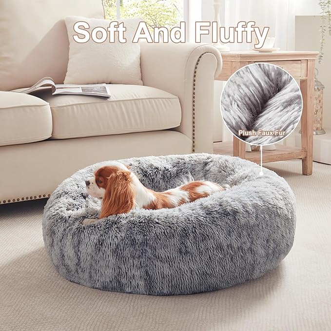 30 inches Donut Dog Bed for Medium Dogs,Calming Fluffy Round Pet Bed with Removable & Washable Cover,Fits up to 45 lbs Pets(Dark Grey,Medium)