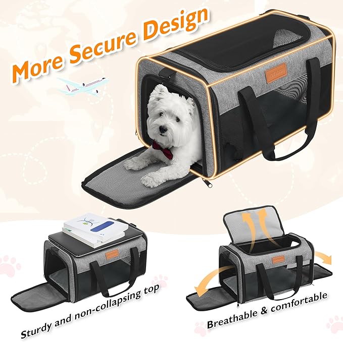 PETUX Cat Travel Carrier with Litter Box - 17"x11"x9.5", TSA Airline Approved, Underseat, Soft Sided Pet Carrier for Small Cats Under 12 lb with Safety Zipper, Anti-Scratch Mesh - Grey