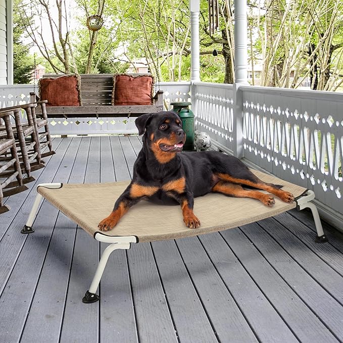 Veehoo Elevated Dog Bed for Outdoor, Cooling Waterproof Raised Dog Cots Beds XL, Curved Off Ground Pet Hammock Cot Lifted for Outside, up to 150lbs, White Legs, Beige 49"