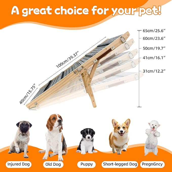Dog Ramp for Bed-Non-Slip - Extra Wide Pet Ramp for Small Large Dogs to Get on Couch Car Wooden Foldable Dog Ramp Seamlessly Connects Platform -Hold up to 110 Pound-Adjustable, Foldable (M)