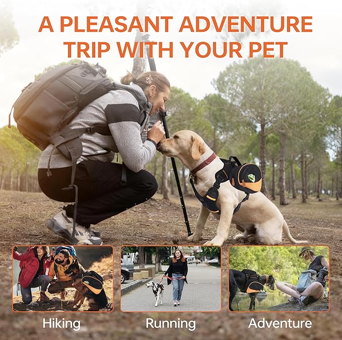 Dog Backpack for Medium & Large Dogs, Detachable Side Bags, Quick-Poop Bag Dispenser | No-Pull Adjustable Harness for Large-Chested Breeds | Non-Slip Handle for Hiking, Walking, Outdoor Adventures（L）