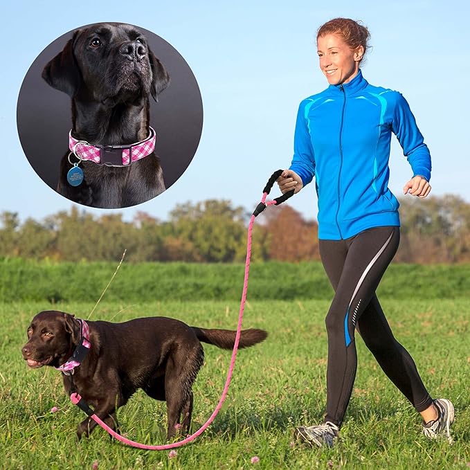 Reflective Dog Collar Padded with Soft Neoprene Breathable Adjustable Nylon Dog Collars for Small Medium Large Dogs (Small (Pack of 1), Pink Plaid Collar+Leash)