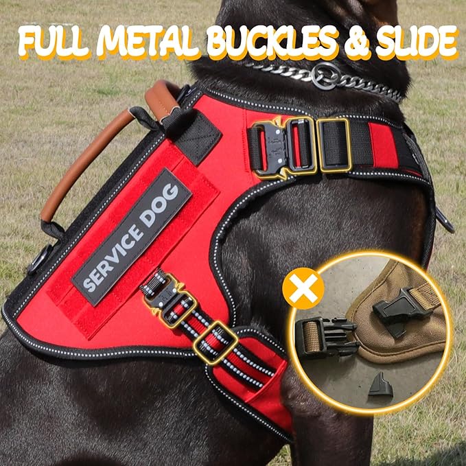 Service Dog Vest - HEYCAHVA Tactical Dog Harness Full Metal Buckles for Large Medium Dog Reflective No Pull Dogs Harnesses Vest with Leather Handle, Hook & Loop for Hiking Training (Red, L)