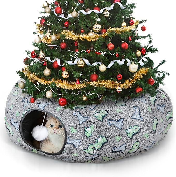 Cat Tunnel Bed, Foldable Cat Donut Tunnel with Removable Cushion & Toy Ball, Stress Relief Fun, Round Pet Play Tunnel for Indoor Cats, Kittens and Small Pets (3D Dinosaur Pattern)