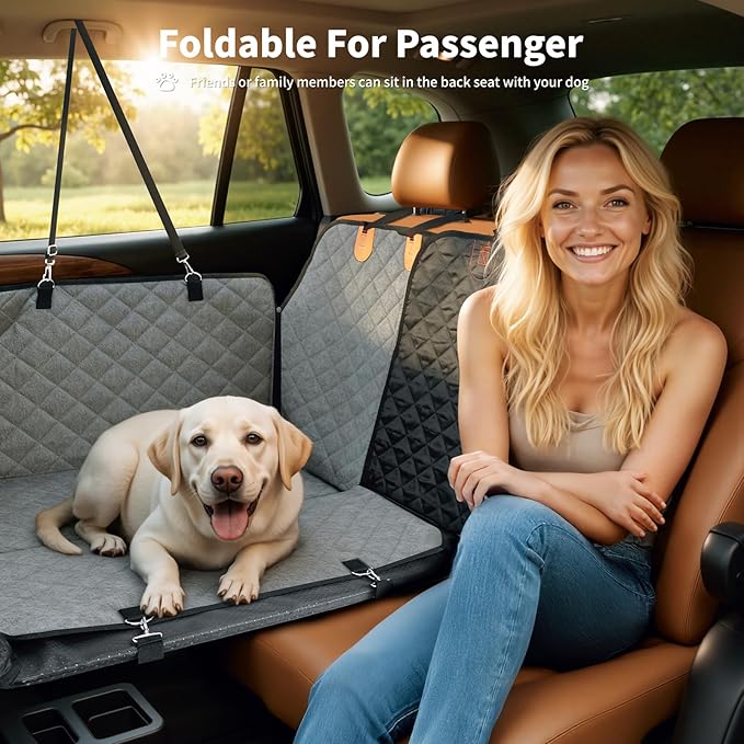 HOTEAGLE Dog Seat Covers for Back Seat, Hard Bottom Back Seat Extender for Dogs, 600D Upgraded Material Waterproof and Comfortable with 400lbs Holds, Ideal for Car Trips and Outdoor Adventures（Grey）