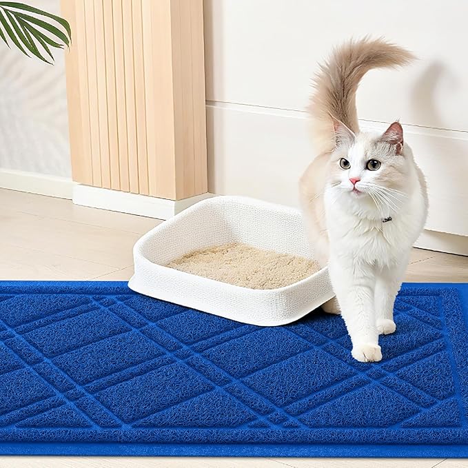 Smiry Cat Litter Box Mat 30x17, Non-Slip Water Resistant Litter Trapping Mat, Easy Clean Less Waste and Urine-Locking Cat Carpet for Indoor, Blue