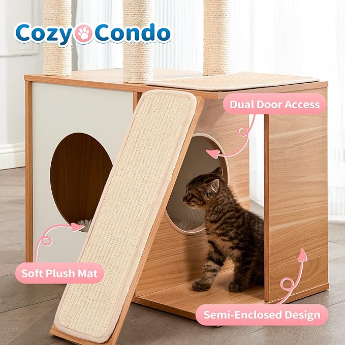 Made4Pets Cat Tree for Indoor Cats, Modern Cat Tower Tall for Large Cats Kitten, Wood Kitty Condo Climbing Furniture Heavy Duty, Vesper Cute Castle with Scratching Post and Ramp