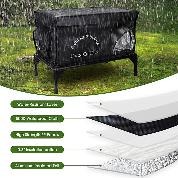 Heated Cat House for Outside Cat in Winter, Insulated Outdoor Feral Cat Shelter with Cat Heating Pad, 2 Doors,Elevated Waterproof Heated Kitty House (Black, 25"x13.7"x18")