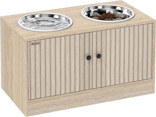 PawHut Elevated Dog Bowls with Storage Cabinet, Raised Dog Bowl Stand, Pet Feeding Station with Slow Feeder & Non-Slip, for Large Pets, Oak