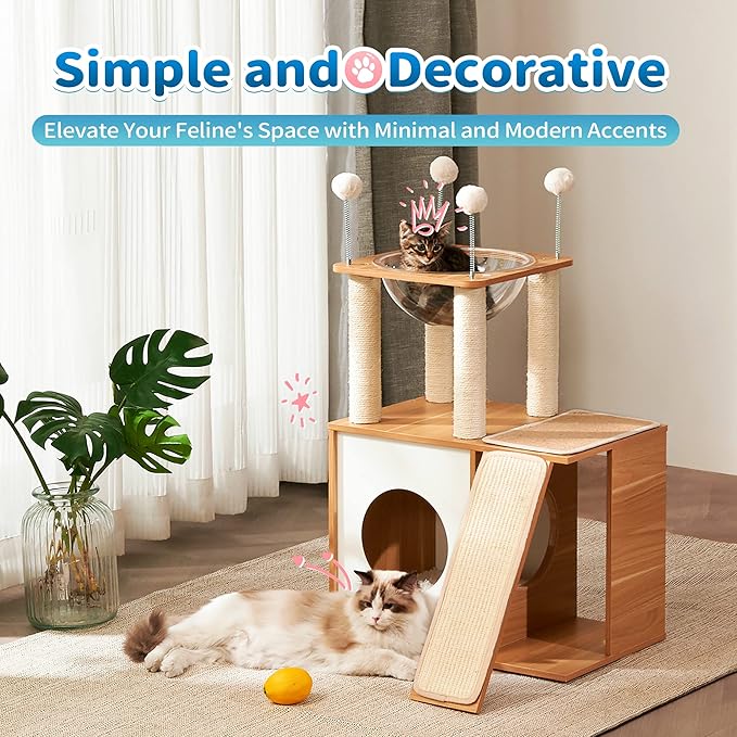 Made4Pets Cat Tree for Indoor Cats, Modern Cat Tower Tall for Large Cats Kitten, Wood Kitty Condo Climbing Furniture Heavy Duty, Vesper Cute Castle with Scratching Post and Ramp