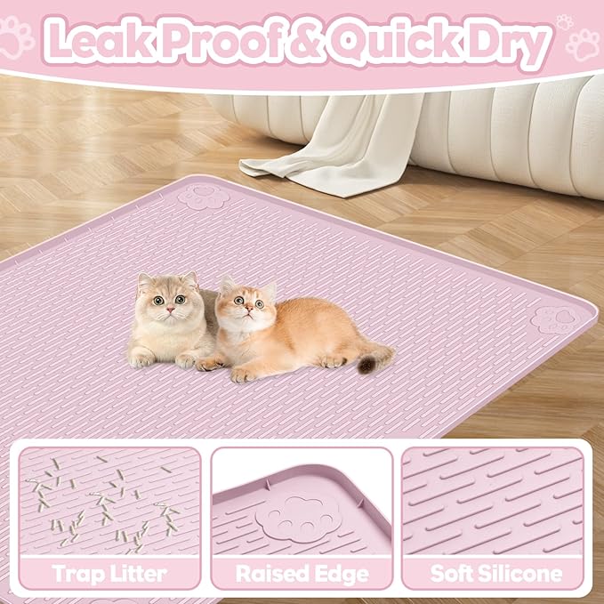 Cat Litter Mat, Extra Large 34" x 22" Silicone Mat Litter Trapping Mat for Scatter Control, Soft on Kitty Paws, Easy to Clean (Pink)