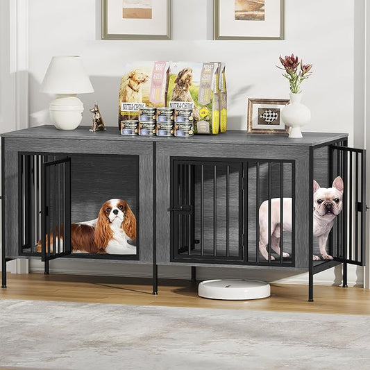 EasyCom Dog Crate Furniture for 1 or 2 Dogs, Heavy Duty Single/Double Dog Crates for Small/Medium/Large Dogs, Dog Kennel Furniture Indoor as TV Stand, Small Size 55.12" L(0-20 Pounds), Oak Grey