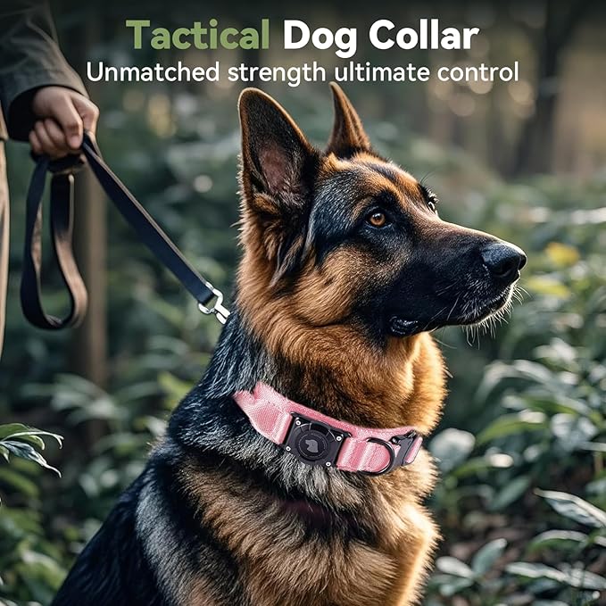 2025 Upgrade Waterproof AirTag Dog Collar, Military Tactical Dog Collar with AirTag Holder, Comfortable Control Handle and Metal Buckle, GPS Dog Collar Holder for Medium to Large Dogs (Pink,L)