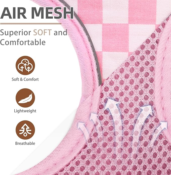 PUPTECK Soft Mesh Dog Harness and Leash Set Pet Puppy Cat Comfort Padded Vest No Pull Harnesses, Checkered Pink&White, XS