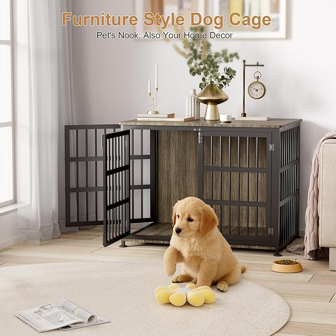 42" Furniture Style Large Dog Crate with Wheels, Metal Chew-Resistant Dog Kennel Indoor for Large & Medium Dogs, 41.9" W x 28.3" D x 31.7" H, Decorate House as TV Stand, End Table — Grey