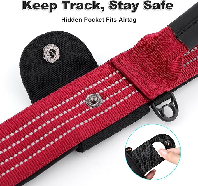 Plutus Pet Tactical Dog Collar with Tracker Packet for AirTag, Adjustable Reflective Nylon Collar, Metal Buckle, Leather-Wrapped Handle, Soft Padded for Medium Large Dogs (Burgundy Red, S)