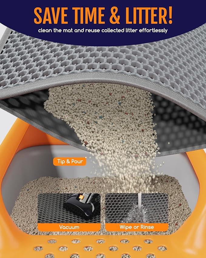 Cat Litter Mat - 46" x 35" Jumbo Litter Box Mat with Double Layers, Urine-Proof and Non-Slip Litter Trapping Mat, Easy to Clean Kitty Litter Mats for Floor, Scatter Control, Grey