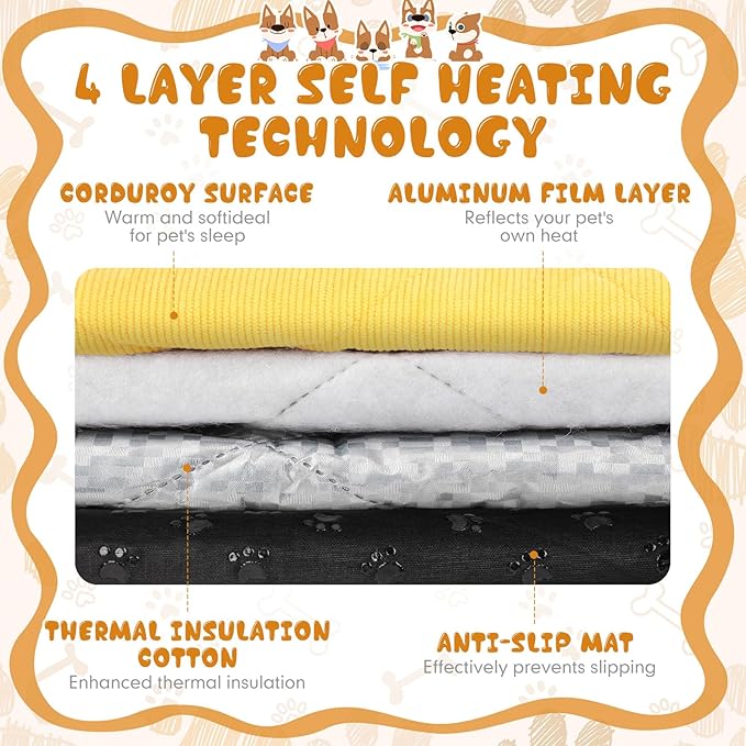 Novabright 4 Pack Self Warming Cat Bed Cat Dog Heating Pad Soft Warm Thermal Mat with Anti-Slip Bottom Dog Crate Pad for Outdoor Indoor Small Dogs Kittens (Turmeric Color,17.7 x 23.6 Inches)