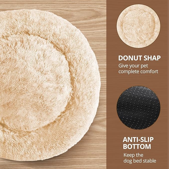 JOLLYVOGUE Calming Dog Bed for Small Dogs - 23 inches Donut Washable Small Dog Bed for Kittens & Puppies, Anti-Slip Round Fluffy Plush Faux Fur Cat Beds (Fits up to 25 lbs Pets, Off White)