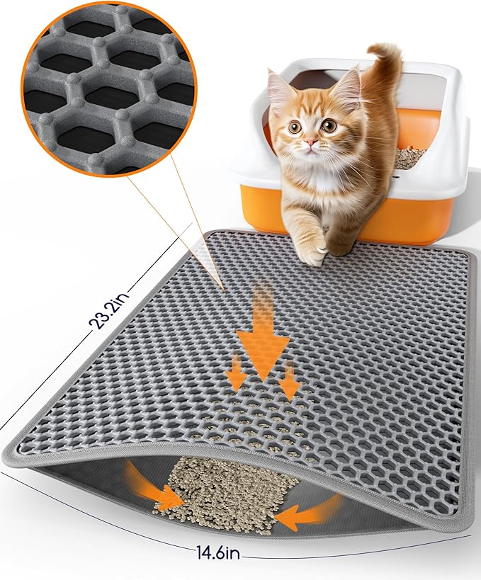 Cat Litter Mat - 23.2" x 14.6" Small Litter Box Mat with Double Layers, Urine-Proof and Non-Slip Litter Trapping Mat, Easy to Clean Kitty Litter Mats for Floor, Scatter Control, Grey