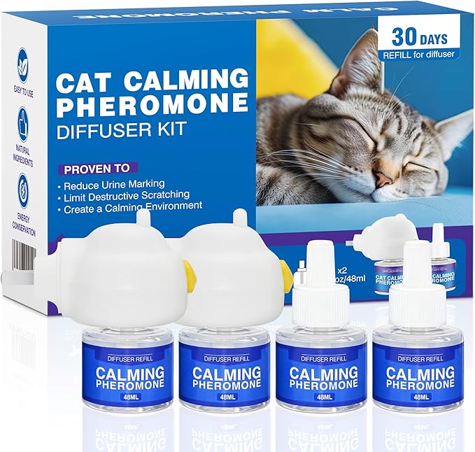 Cat Calming Pheromone Diffuser - Stops Urine Marking & Scratching, Reduce Fighting Spraying Cat Calming Diffuser, Drug-Free Formula for Anxious Cats, 2 Diffuser + 4 Refills Last 120 Days