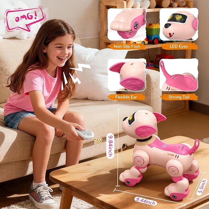 anysun Remote Control Robot Dog Toy for Kids, Programmable Smart Puppy Intelligent Learning Dancing Walking RC Robot Toys for Girls and Boys (Pink)
