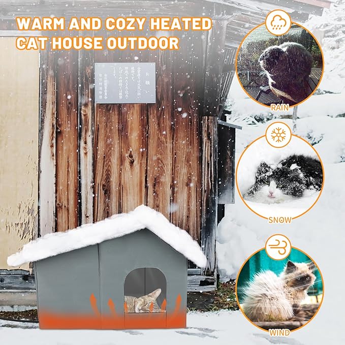 YUEPET Insulated Heated Outdoor Cat House Waterproof Cat House Outside,Large Feral Cat Houses for Winter with Thermostatically Heating Mat for Several Cats Heating House