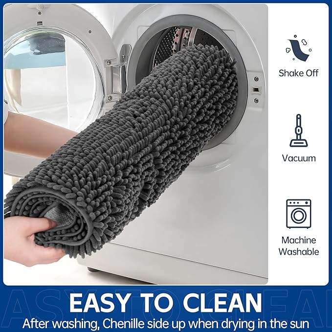 Chenille Absorbent Front Door Mat 48" x 30", Dog Door Mat for Muddy Paws, Dirt Trapper Doormat, Mud Mat for Dogs, Washable Non Slip Outdoor Indoor Doormats for Entryway, Grey