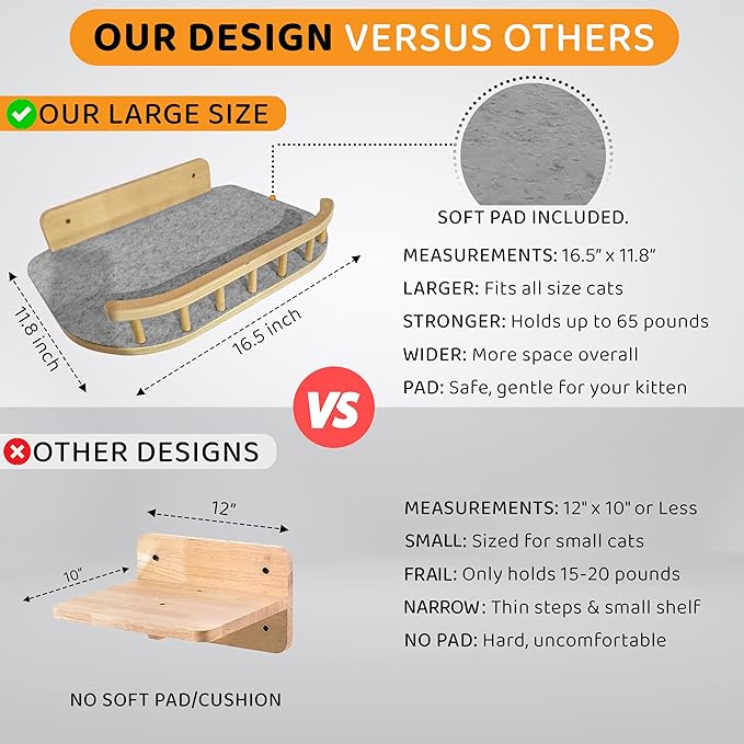 Cat Wall Shelves with 3 Steps – Modern Wood Wall Mounted Furniture, Climber & Perch Shelf for Cats up to 30lbs – Sturdy Floating Bed for Large Cats