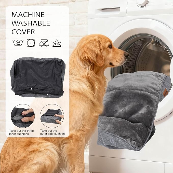 Orthopedic Dog Bed for Large Dogs - Waterproof Memory Foam Dog Couch Bed with Sides, Pet Beds with Washable Cover & Non-Slip Bottom, Grey, 38x28 Inch