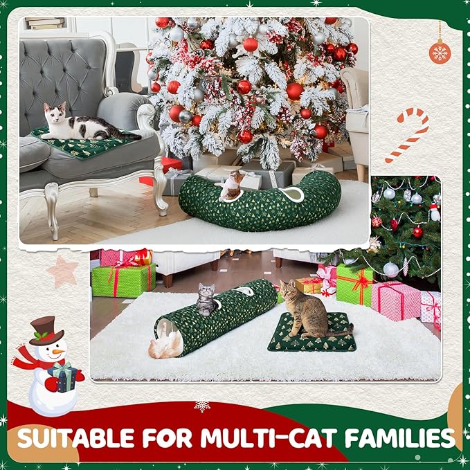 Thyle 2 Pcs Christmas Straight Cat Tunnel with Plush Inside & Self Warming Pet Bed 49 ×12 Inch Green Collapsible Pet Tube for Indoor Cats Include Balls Peek Hole Xmas Tree Snowflakes Self Heating Mat