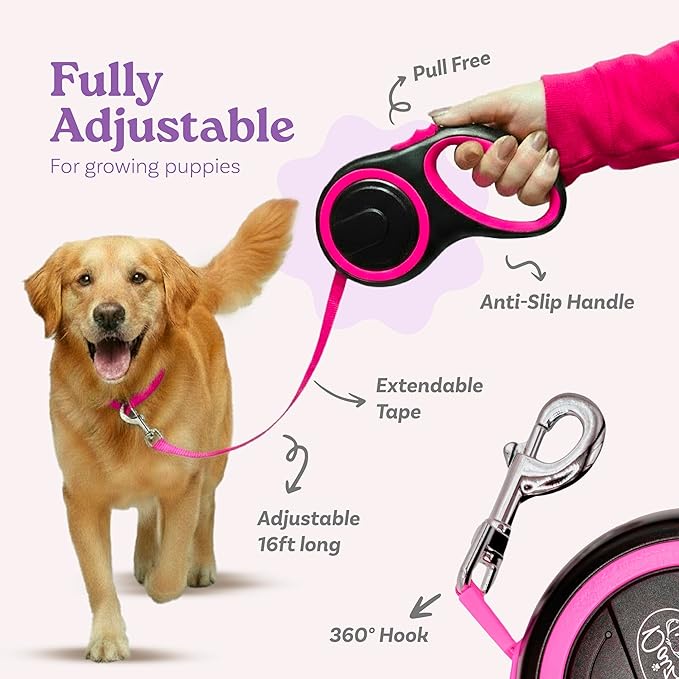Retractable Dog Leash for Small, Medium & Large Dogs – Heavy-Duty, Tangle-Free, Reflective, 16FT Long, Anti-Slip Soft Handle with One-Hand Brake - 44 LBS /16FT - Small - Pink