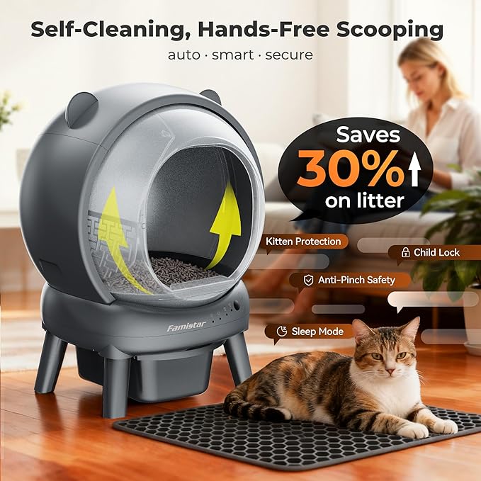 Self Cleaning Litter Box for Multiple Cats, 100L+15L Automatic Cat Litter Box, Self-Cleaning Litter Robot with Safety Sensors, APP Control, Includes 2 Rolls Waste Bags and Litter Mat, Grey