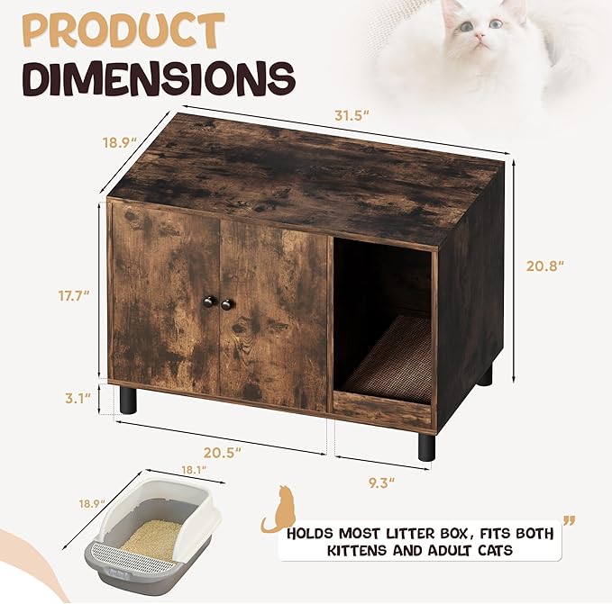 WARCAT Cat Litter Box Enclosure, Modern Hidden Litter Box Enclosure Furniture, Hidden Washroom with Scratch Pad, Barn Door Design, Indoor Cat House & End Table (Rustic Brown)