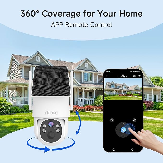 Noorio 2K Solar Security Camera Wireless Outdoor, Fixed Solar Panel/Battery Powered, 4MP, 2.4G/5G WiFi, 360° View, AI Human Detection, Color Night Vision, 2-Way Audio, IP65, for Home Security