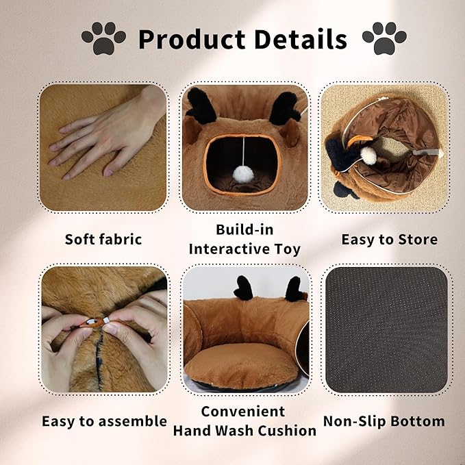 Cat Tunnel Bed for Indoor Cats with Washable Cushion Cat Cave Donut Tunnel with Fluffy Ball Big Round Tube Pet Playground Toys Soft Plush Peekaboo for Kitten, Cat, Puppy, Rabbit, Ferret（Deer）