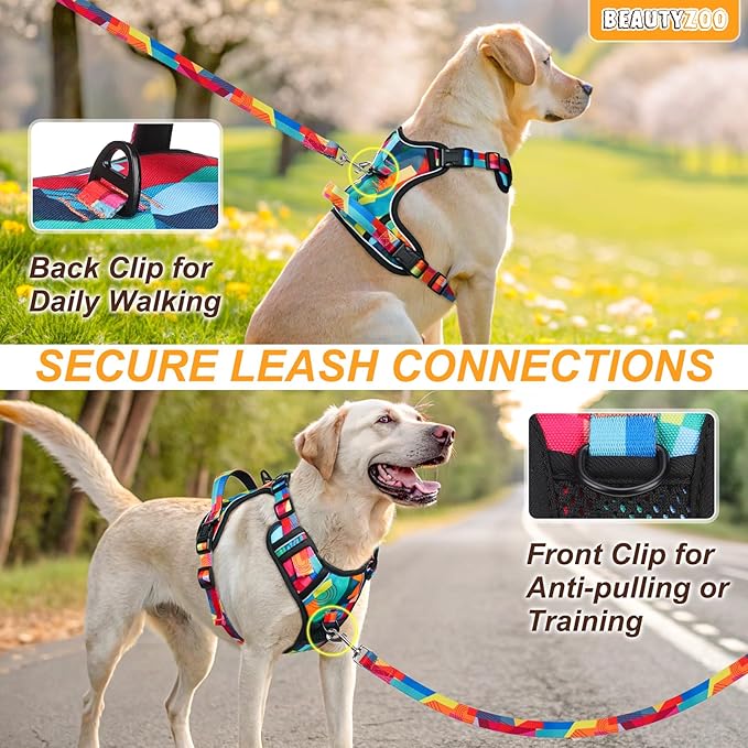 BEAUTYZOO No Pull Dog Harness Large, Adjustable Dog Harness and Leash Set -Easy Wearing with 3 Buckles/Control Handle,No Choke Soft Padded Reflective Pet Vest for Training Walking Hiking, L