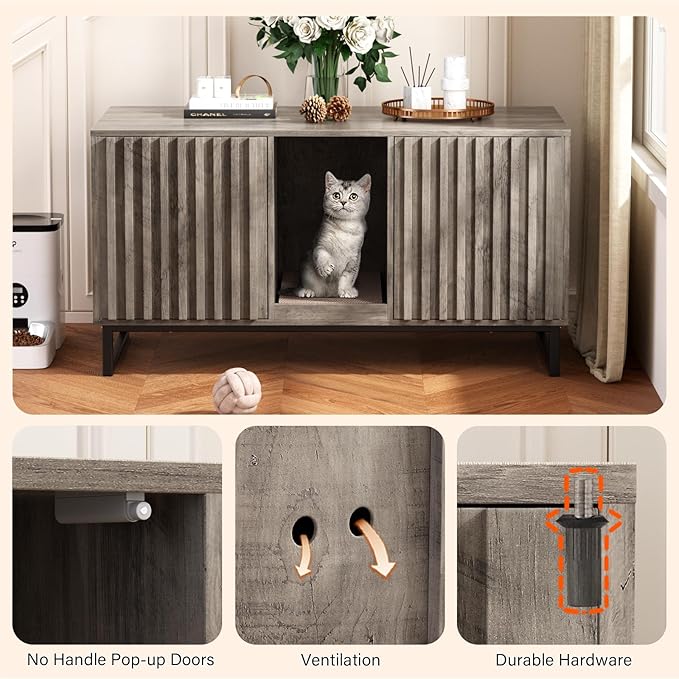 Double Litter Box Enclosure,Modern Cat Litter Box Enclosure for 2 Cats, Hidden Litter Box with Scratch Pad, Cat Washroom Pet House End Table, Entryway Bench for Livingroom (Gray)