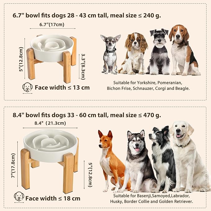 Elevated Slow Feeder Dog Bowl - Ceramic Food Dish with Bamboo Stand - Raised Maze Design - Ideal for Medium to Large Dogs - Milky White - 8.4 inch