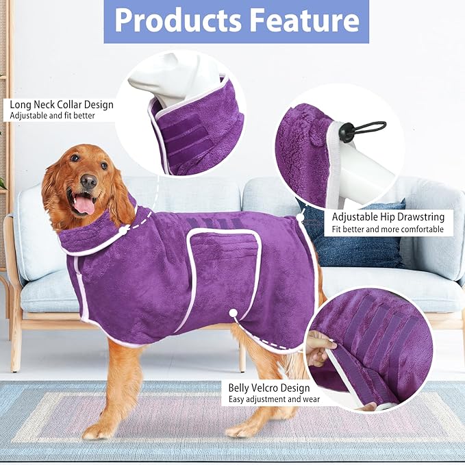 Dog Bathrobe Towel Dog Drying Coat - Super Absorbent Towels Bath Robe for Dogs Large, Soft Adjustable Collar & Belly Strap Fast Drying Coat Pet Cat Bath Robe (Violet, XX-Large)