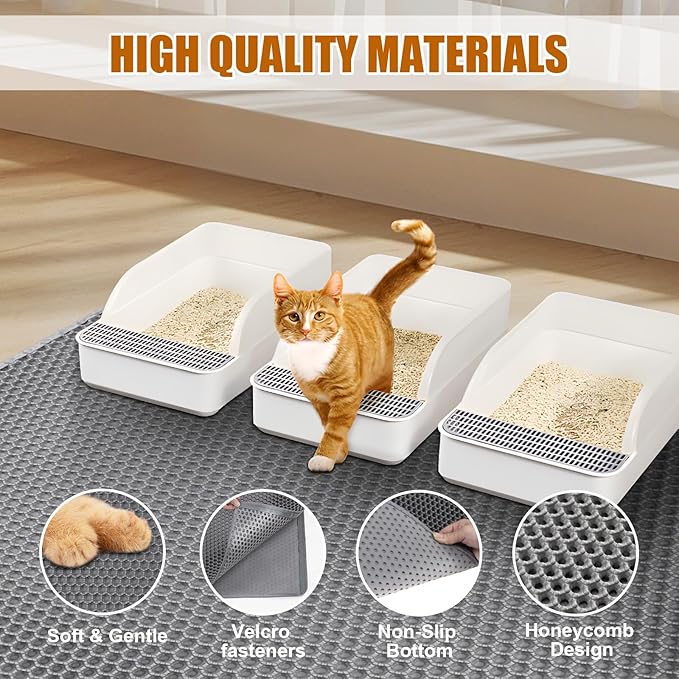 XL Cat Litter Mat - 45"x32" Extra Large, Honeycomb Double Layer Traps Litter, Washable & Urine Proof, Non-Toxic EVA for Multi-Cat Homes (Grey)